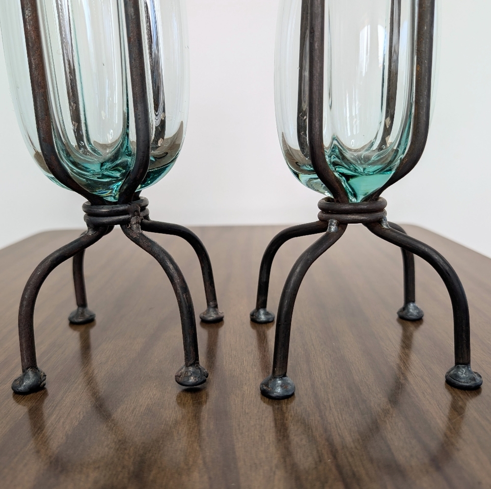 Pair Of Blown Caged Glass & Wrought Iron Metal Footed Vases Industrial Brutalist - Picture 13 of 14